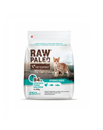 VETEXPERT Raw Paleo Sterilised Chicken&Tuna&Salmon kastruotoms katėms 250 g
