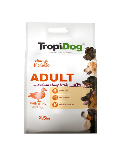 TROPIDOG Premium Adult M&L Duck&Rice 2,5kg sausas ėdalas vidutinių ir didelių veislių šunims Antis su ryžiais