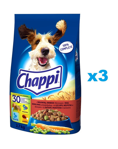 CHAPPI Sausas maistas su jautiena 3x2,7 kg suaugusiems šunims