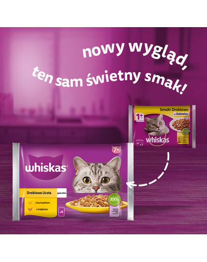 WHISKAS Senior paketėlis 85g Drobiowa Uczta drėgnas ėdalas vyresnio amžiaus katėms su: vištiena, kalakutiena