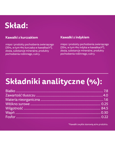 WHISKAS Senior paketėlis 85g Drobiowa Uczta drėgnas ėdalas vyresnio amžiaus katėms su: vištiena, kalakutiena