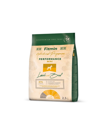 FITMIN Dog Nutritional Programme Mini Performance Lamb&Beef 2,5 kg suaugusiems mažų veislių šunims, pasižymintiems dideliu aktyvumu.