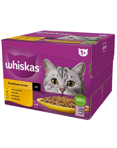 WHISKAS Adult Paukštienos puota padaže 48x85 g gabaliukai su vištiena, antiena, paukštiena, kalakutiena suaugusioms katėms