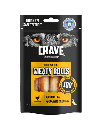 CRAVE Meaty Rolls Chicken 8x50g baltyminis skanėstas suaugusiems šunims be grūdų