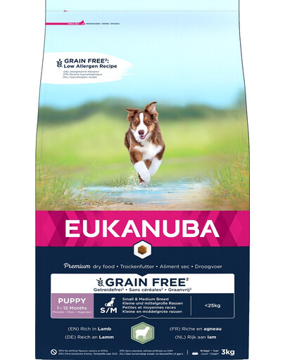 EUKANUBA Grain Free S/M Puppy Ėriena 3 kg mažų ir vidutinių veislių šuniukams