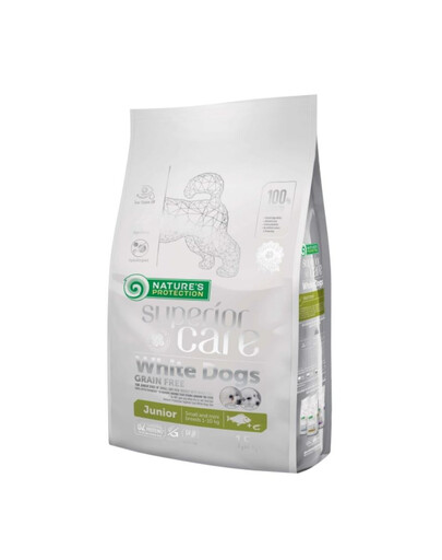 NATURES PROTECTION Superior Care White Dogs Grain Free White Fish Junior Small and Mini Breeds 1,5 kg su balta žuvimi mažų veislių šuniukams su baltu kailiu
