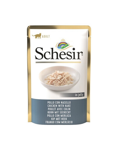 SCHESIR Jelly Adult Chicken Fillets&Cod 85g vištiena su jūros lydekomis drebučiuose