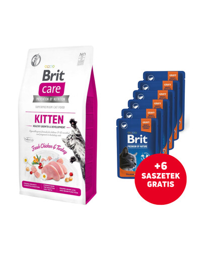 BRIT Care Cat Grain-Free Kitten Growth & Development 2 kg + lašišos paketėliai kastruotoms katėms 6x100g NEMOKAMAI