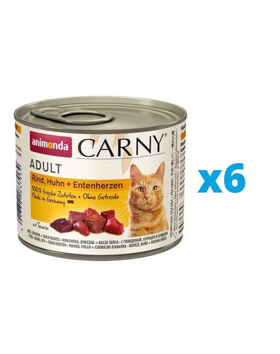 ANIMONDA Carny Adult rinkinys su jautiena, vištiena ir vištos širdelėmis 6 x 200 g
