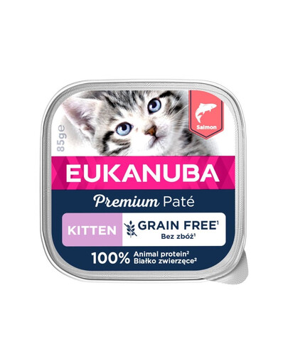 EUKANUBA Grain Free Kitten Kačiukų paštetas Lašiša 16 x 85 g