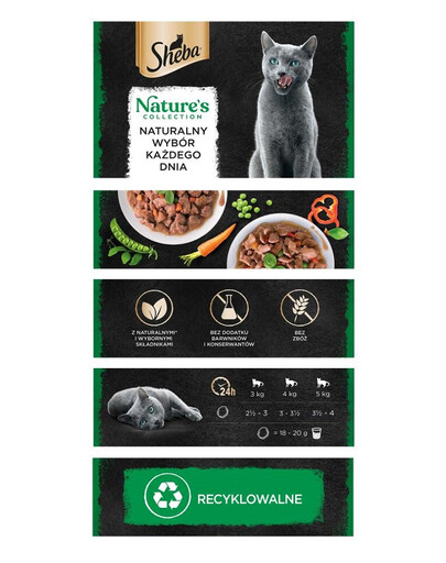 SHEBA tacka 32x85g Nature's Collection Miksas skonių padaže su vištiena, papuošta raudonaisiais pipirais, su lašiša, papuošta žirneliais