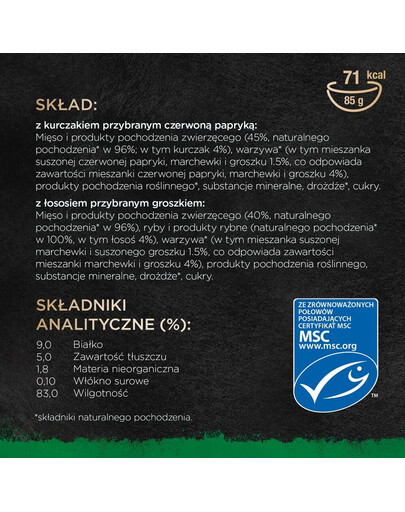 SHEBA tacka 32x85g Nature's Collection Miksas skonių padaže su vištiena, papuošta raudonaisiais pipirais, su lašiša, papuošta žirneliais