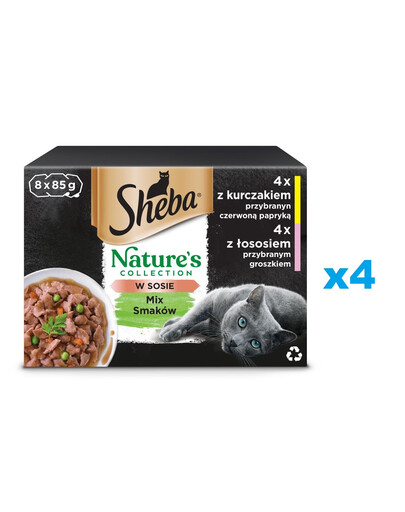 SHEBA tacka 32x85g Nature's Collection Miksas skonių padaže su vištiena, papuošta raudonaisiais pipirais, su lašiša, papuošta žirneliais
