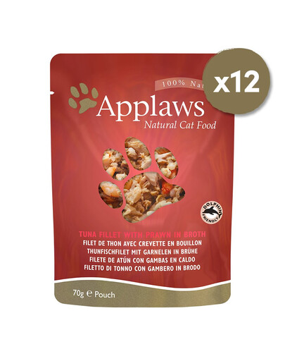 APPLAWS Cat Pouch 12 x 70 g šlapias kačių maistas su tunais ir tigrinėmis krevetėmis