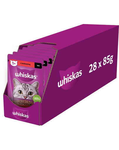 WHISKAS Adult saszetka 28x85g drėgnas pašaras suaugusioms katėms su jautiena