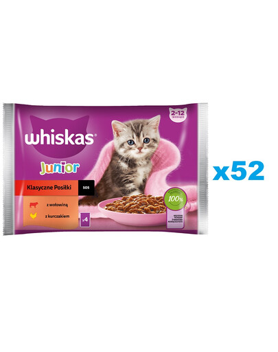 WHISKAS Junior paketėlis 52x85g Classic Meals drėgnas kačių maistas su jautiena ir vištiena padaže