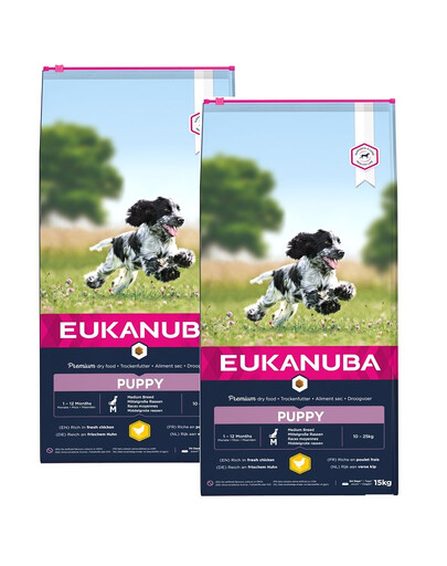 EUKANUBA Growing Puppy Medium Breed praturtinta šviežia vištiena  30 kg (2 x 15kg)