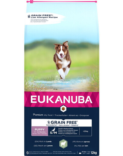EUKANUBA Grain Free S/M Puppy Ėriena 12 kg mažų ir vidutinių veislių šuniukams