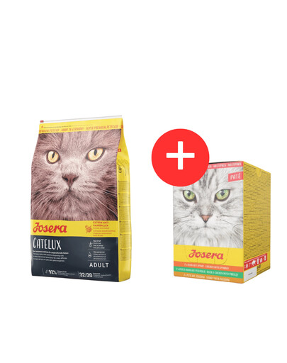 JOSERA Cat Catelux 10 kg karma nuo plaukų kamuoliukų susidarymo + Multipack paštetas 6x85g pašteto skonių mišinys katėms NEMOKAMAI