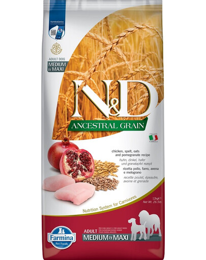 FARMINA N&D Ancestral Grain Dog Adult Medium & Maxi Chicken & Pomegranate 12 kg   Vištiena ir granatai