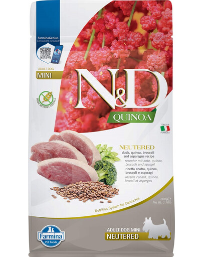 FARMINA N&D Quinoa Dog Duck, Broccoli & Asparagus Neuterad Adult Mini