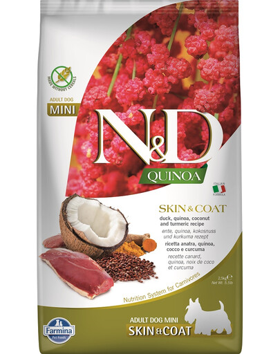 FARMINA N&D Quinoa Dog Skin&Coat Adult Mini duck, coconut 2.5 kg antis ir kokosas