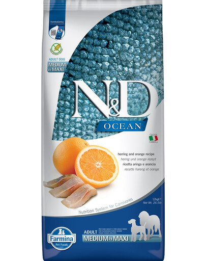 FARMINA N&D Ocean dog adult herring & orange medium & maxi 12 kg silkė ir apelsinas
