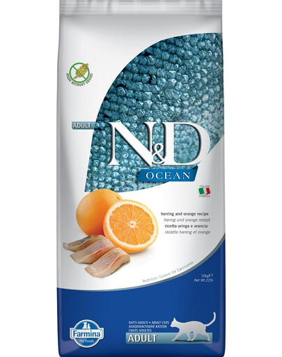 FARMINA N&D Ocean Cat Adult Herring & Orange sausas kačių ėdalas su silke ir apelsinais 10 kg