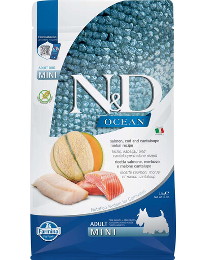 FARMINA N&D Ocean Dog Adult Mini salmon, cod & canatloupe melon 2.5 kg lašiša, menkė, kantalupės melionas