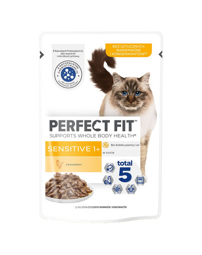 PERFECT FIT Sensitive 1+ paketėliai 12x85 g su vištiena padaže suaugusioms katėms