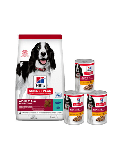 HILL'S Science Plan Canine Adult Advanced Fitness Tuna & Rice 12 kg ėdalas aktyviems šunims + 3 skardinės NEMOKAMAI