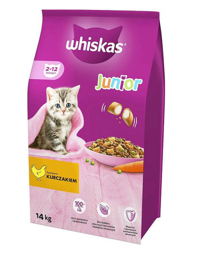 WHISKAS Junior sausas kačių maistas su vištiena 14kg + NEMOKAMAS dubenėlis