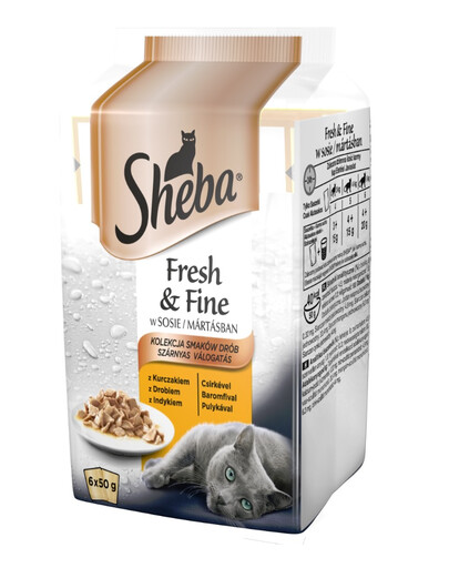 SHEBA konservai  6x50g Fresh & Fine - šlapias kačių maistas padaže (vištiena, paukštiena, kalakutiena)