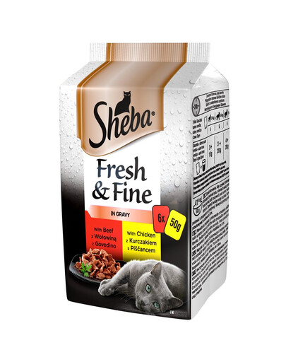 SHEBA paketėlis 6x50g Fresh & Fine - drėgnas kačių maistas padaže (vištiena, jautiena, antis)