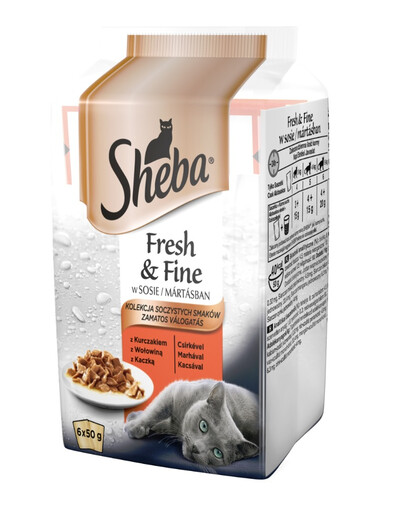 SHEBA konservai  72x50g Fresh & Fine -šlapias kačių maistas padaže (vištiena, jautiena, antis) + dubuo nemokamai