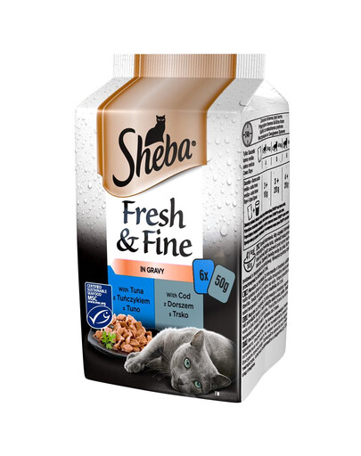SHEBA konservai  6x50g Fresh & Fine -šlapias maistas katėms padaže (su lašiša, tunu, menkėmis)