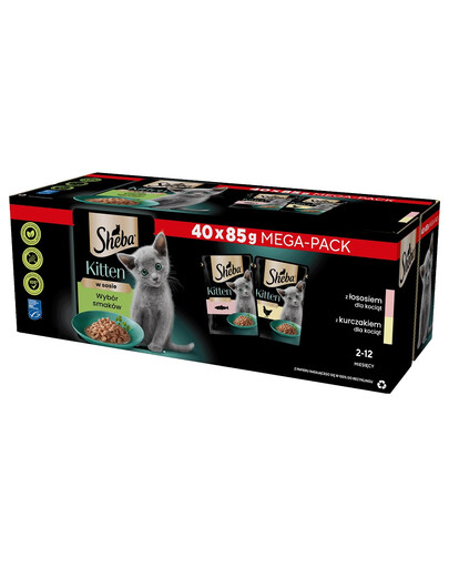 SHEBA Kitten Selection of Flavours paketėliai 40x85 g su lašišos, vištienos padažo gabalėliais kačiukams