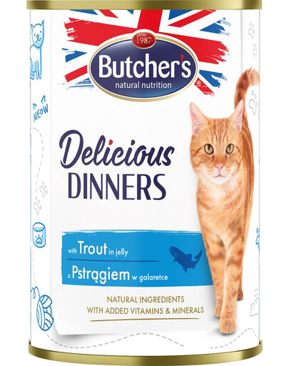 BUTCHER'S BUTCHER'S Delicious Dinners, kačių maistas, gabalėliai su upėtakiais drebučiuose, 12 x 400g