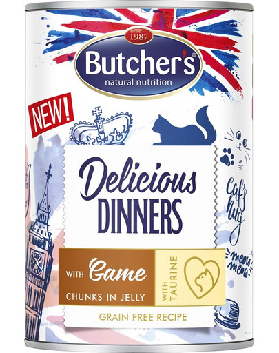 BUTCHER'S Delicious Dinners, kačių ėdalas, gabalėliai su elniena drebučiuose, 400g