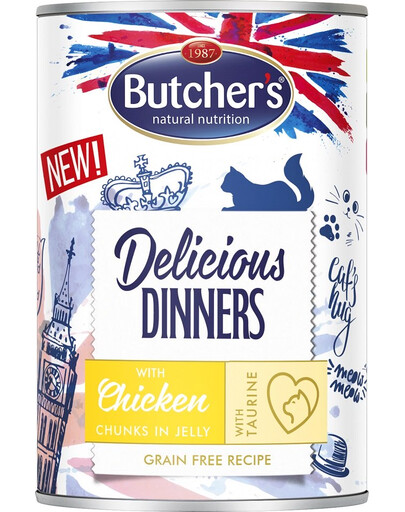 BUTCHER'S Delicious Dinners vištienos gabalėliai drebučiuose kačių šlapias pašaras 400g