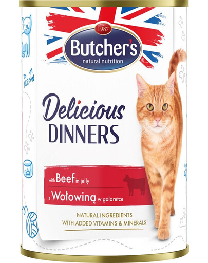 BUTCHER'S Delicious Dinners, kačių ėdalas, jautienos želė gabalėliai, 400g x 12