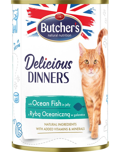 BUTCHER'S Delicious Dinners, ėdalas katėms, gabalėliai su jūros žuvimis drebučiuose, 400g