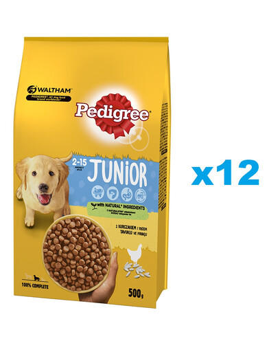 PEDIGREE Sausas maistas su vištiena Junior 12x500g jauniems vidutinių veislių šunims