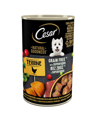CESAR 400g - visavertis drėgnas ėdalas suaugusiems šunims, kuriame gausu vištienos, batatų, žirnių ir spanguolių