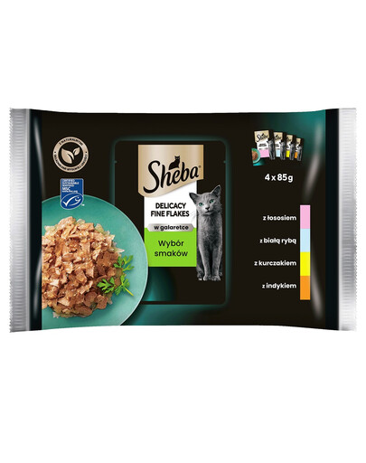 SHEBA paketėlis 4x85g Fine Flakes in Jelly - drėgnas kačių ėdalas želė (su balta žuvimi, su lašiša, su kalakutiena, su vištiena)