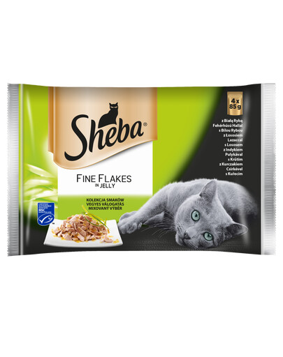 SHEBA paketėlis 4x85g Fine Flakes in Jelly - drėgnas kačių ėdalas želė (su balta žuvimi, su lašiša, su kalakutiena, su vištiena)