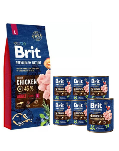 BRIT Premium By Nature Adult Large L 15 kg + 6 x 800 g BRIT vištienos ir širdžių šunų šlapias maistas