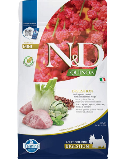 FARMINA N&D Quinoa Dog Adult Mini Digestion be grūdų ėriena, kvinojos, pankoliai ir artišokai 800g