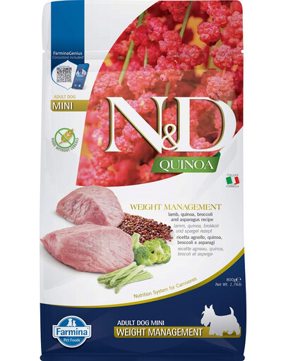 FARMINA N&D Quinoa Weight Management Lamb & Broccoli Mini mažų veislių šunims 800 g