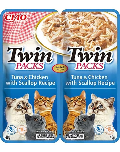 INABA Twin Tunas su vištiena ir šukutėmis sultinyje katėms 2x40 g